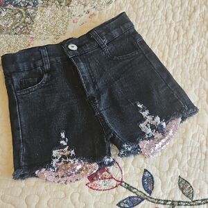 Girls Black Denim Shorts with Pink Sequin Accents